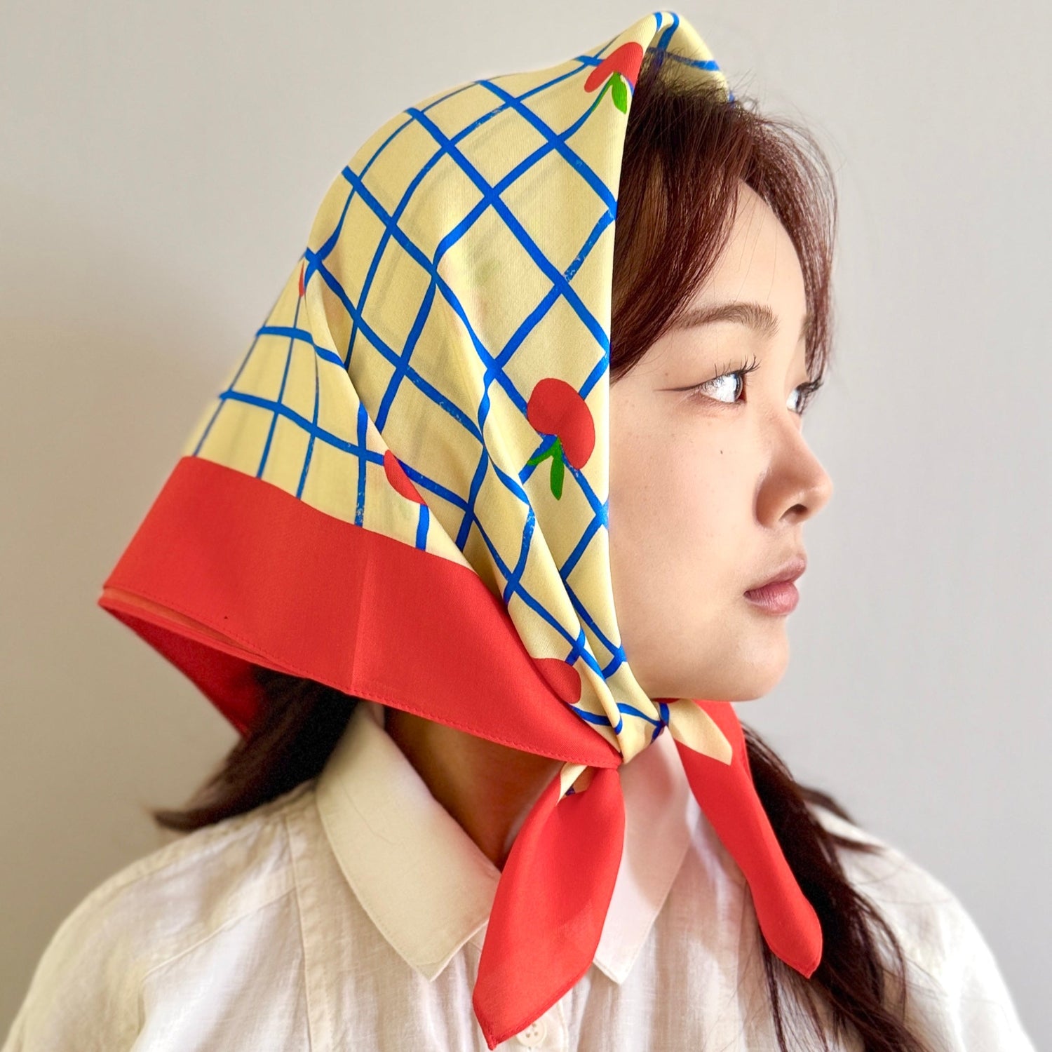 Apples Kitty Cat Cotton Silk Bandana with checkers fun grid in blue, made on cotton silk blend